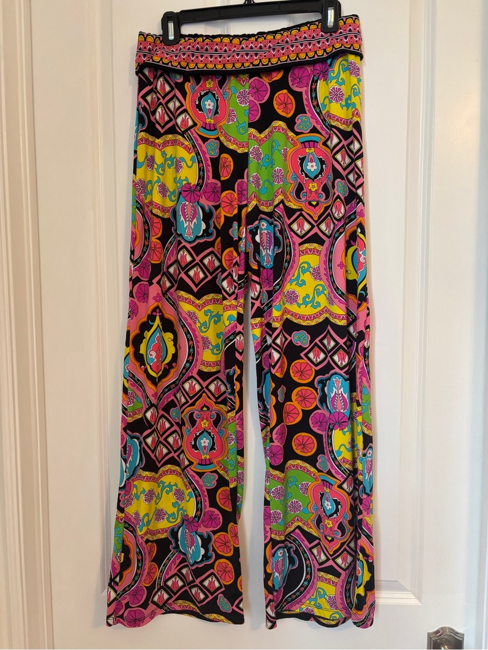 Trina Turk - Black Wide-Leg Pants with Neon Pink, Yellow & Green Print. Size M
